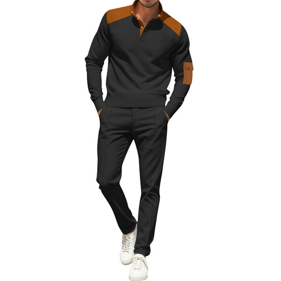 Men's Stand Collar Leather Breasted Pocket Long Sleeve Top Casual Sports Drawstring Pants Set
