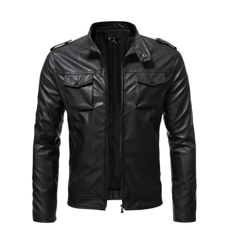 Men's Stand Collar Leather Jacket PU Faux Bomber Jacket Black Classic Motorcycle Biker Coat Men Lightweight Outwear