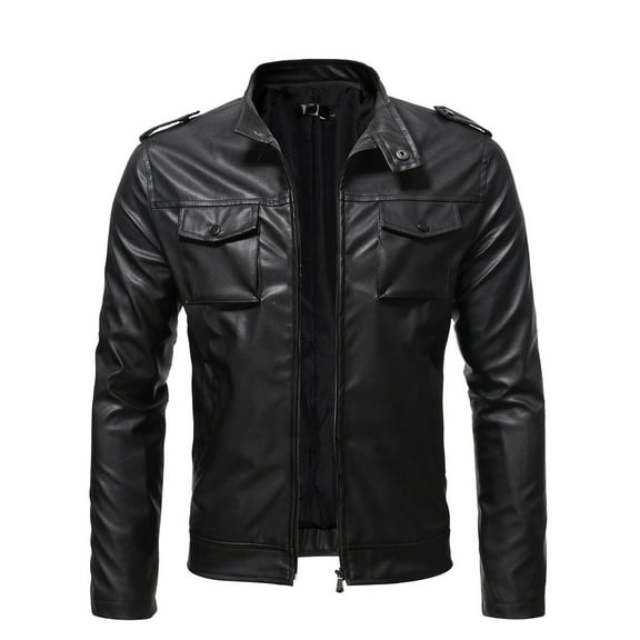 Men's Stand Collar Leather Jacket PU Faux Bomber Jacket Black Classic Motorcycle Biker Coat Men Lightweight Outwear