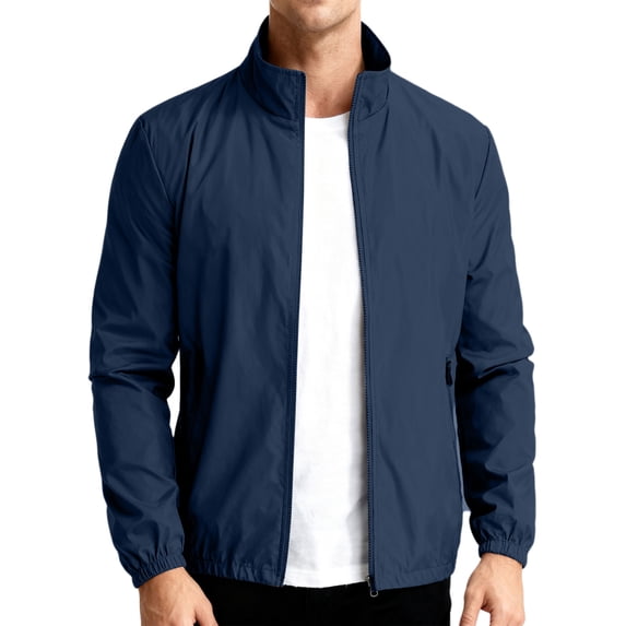 Men's Stand Collar Lightweight Wind Bomber Jacket, Full Zip Long Sleeve Casual Windbreaker with Zipper Side Pockets Dark Blue L