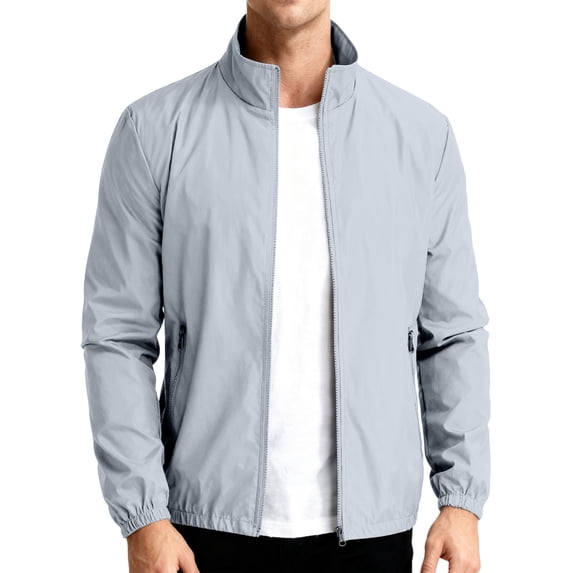 Men's Stand Collar Lightweight Wind Bomber Jacket, Full Zip Long Sleeve Casual Windbreaker with Zipper Side Pockets Gray S