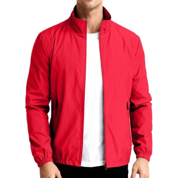 Men's Stand Collar Lightweight Wind Bomber Jacket, Full Zip Long Sleeve Casual Windbreaker with Zipper Side Pockets Red XL