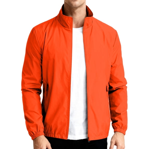 Men's Stand Collar Lightweight Wind Bomber Jacket, Full Zip Long Sleeve Casual Windbreaker with Zipper Side Pockets Saffron M