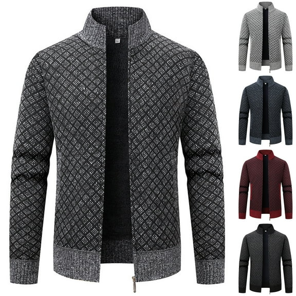Men's Stand Collar Plus Velvet Thickened Long Sleeve Cardigan Knitted Jacket - Warm Sweater for Autumn Winter Daily Comfort, Casual Outings, and Festive Seasons,Light Gray,M