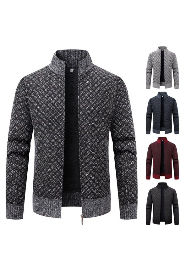 Men's Stand Collar Plus Velvet Thickened Long Sleeve Cardigan Knitted Jacket - Warm Sweater for Autumn Winter Daily Comfort, Casual Outings, and Festive Seasons,Blue,3XL