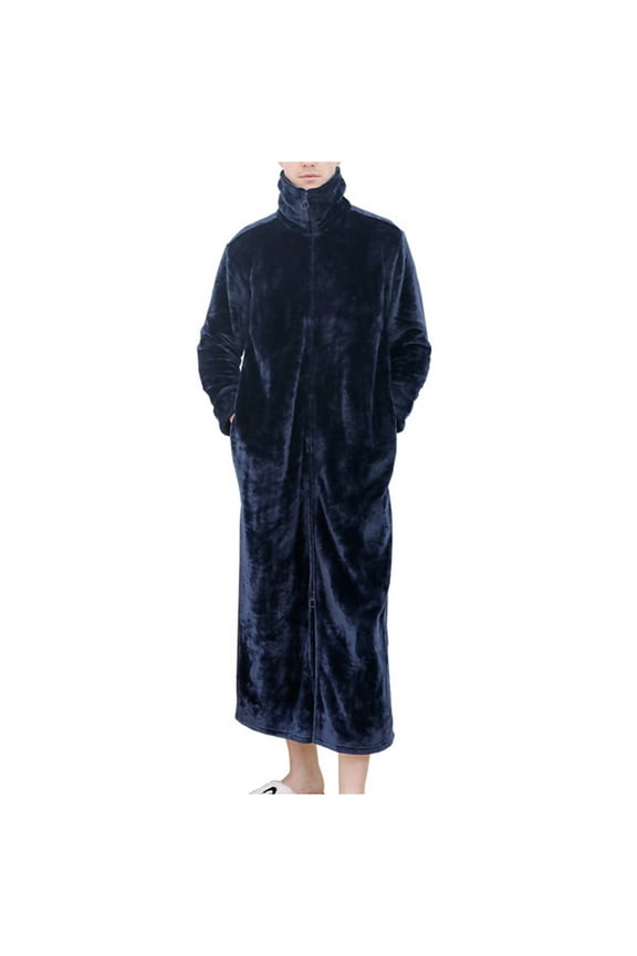 Men's Stand Collar Plush Robe, Winter Thicke Warm Fleece Soft Full Length Long Bathrobe Zip Up Coat with Pockets