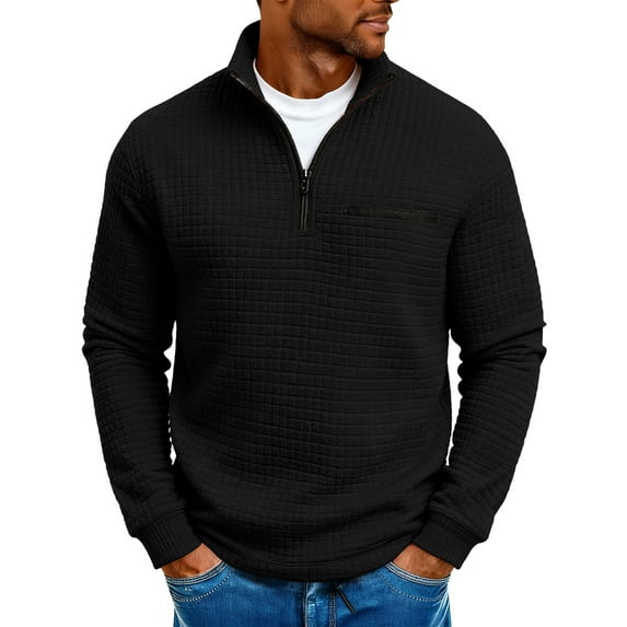 Men's Stand Collar Pullover Quarter Zip Long Sleeve Waffle Sweatshirts Spring Fall Casual Stylish Tops (S, Black)