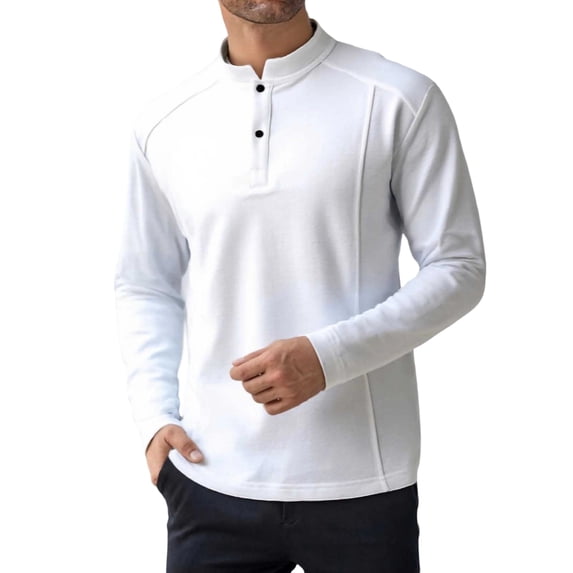 Men's Stand Collar Pullover Shirts Quarter Button Long Sleeve Basic Undershirt Stretch Slim Fitting Tee Tops White XXL