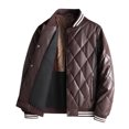 thumbnail image 1 of Men's Stand Collar Quilted Jacket Winter Warm Padded Coat with Checked Leather Trim, 1 of 1