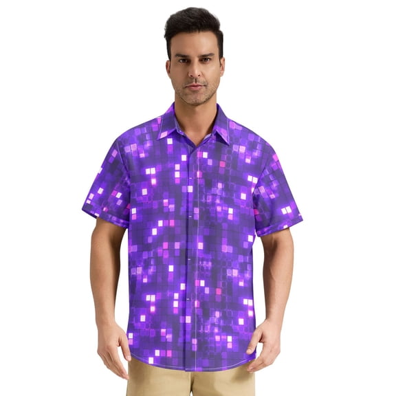 Men’s Stand Collar Short Sleeve Shirt Casual Button Down Summer Top Lightweight & Breathable Abstract Purple Square Image XX-Large
