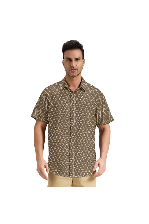Men’s Stand Collar Short Sleeve Shirt Casual Button Down Summer Top Lightweight & Breathable Brown and Gold Argyle Pattern Medium