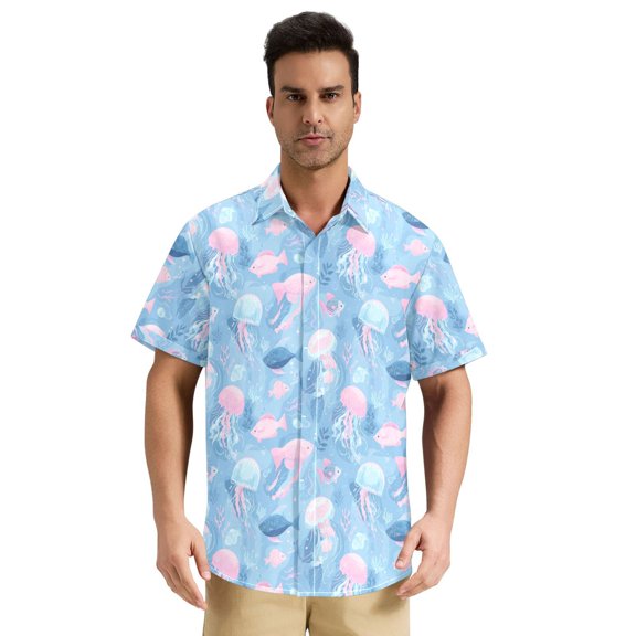 Men’s Stand Collar Short Sleeve Shirt Casual Button Down Summer Top Lightweight & Breathable Cartoon Blue Jellyfish Pattern Large