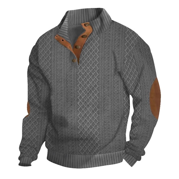 Men's Stand Collar Sweater Cable Knit Pullover Long Sleeve Quarter Button Sweater with Elbow Patch Dark Gray XL