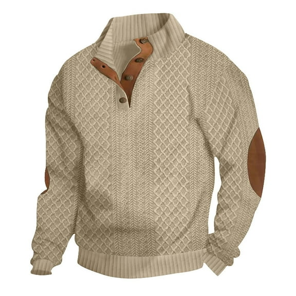 Men's Stand Collar Sweater Cable Knit Pullover Long Sleeve Quarter Button Sweater with Elbow Patch Khaki XL