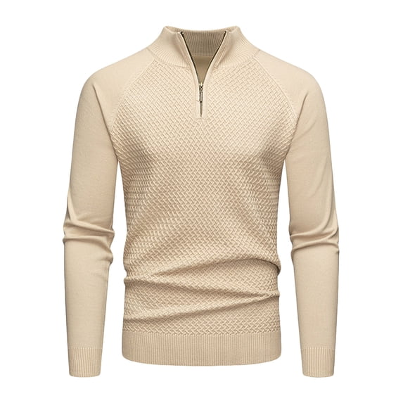 Men's Stand Collar Sweater Casual Solid Long Sleeve Sweaters Quarter Zip Pullover Fall Raglan Tops Beige 2XL