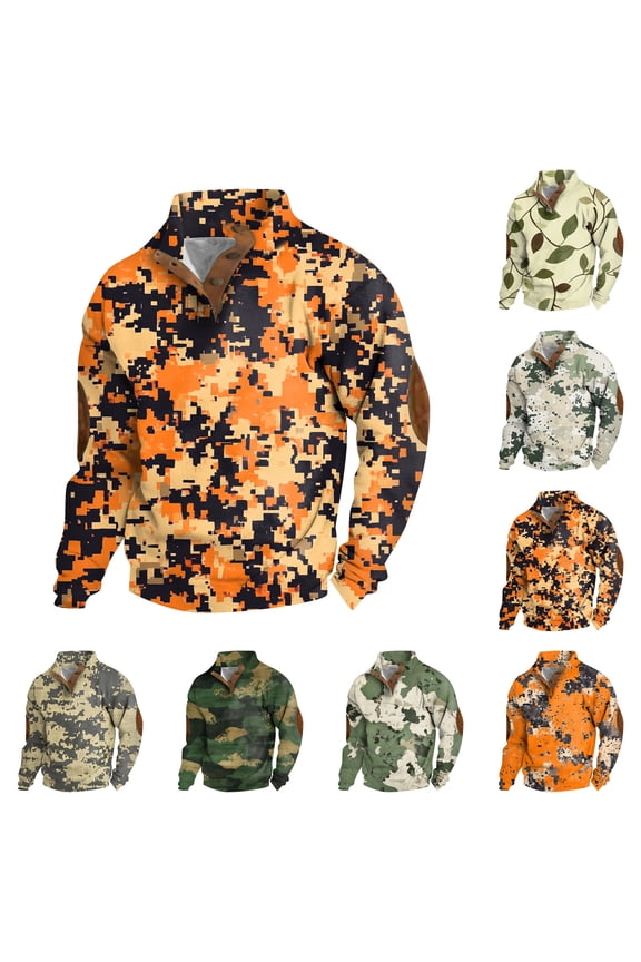 Men's Stand Collar Sweatshirt with 3 Buttons & Camouflage Print, Outdoor Casual Fleece Top for Streetwear, Christmas, Fall Winter, Hiking and Urban Exploration,Green,XL