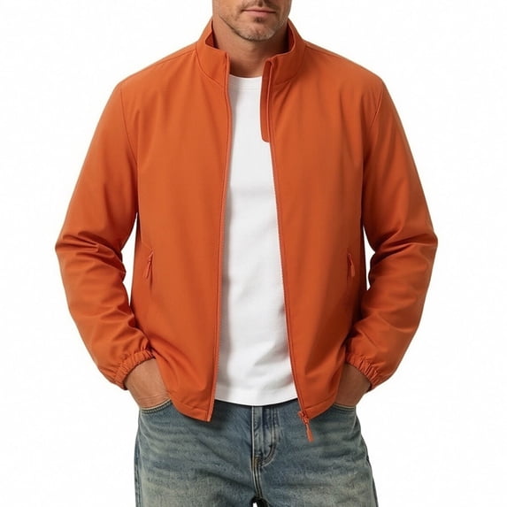 Men's Stand Collar Trench Coat, Solid Color Business Casual Jacket, Breathable Quick-Dry Versatile Outerwear For Spring Orange L