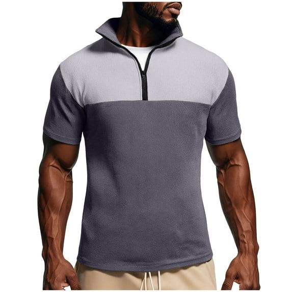 Men's Stand Collar Waffle Shirts Color Block/Solid Color Half Zip Pullover Slim Fit Short Sleeve Workout Tees