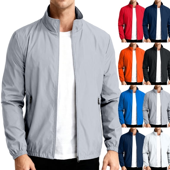 Men's Stand Collar Windbreaker Jacket with Side Zippered Pockets Featuring Lightweight Design Black L