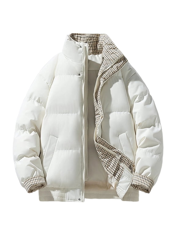 Men's Stand Collar Winter Quilted Padded Down Coats Stylihs Plaid Liner Puffer Jacket Insulated Outdoor Windbreaker