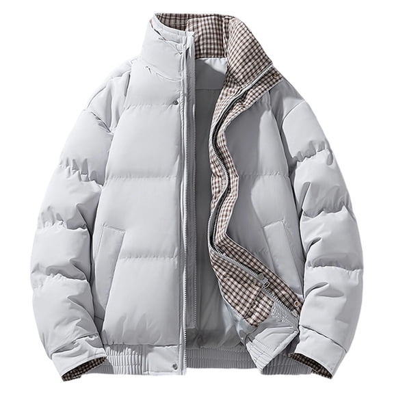 Men's Stand Collar Winter Quilted Padded Down Coats Stylihs Plaid Liner Puffer Jacket Insulated Outdoor Windbreaker