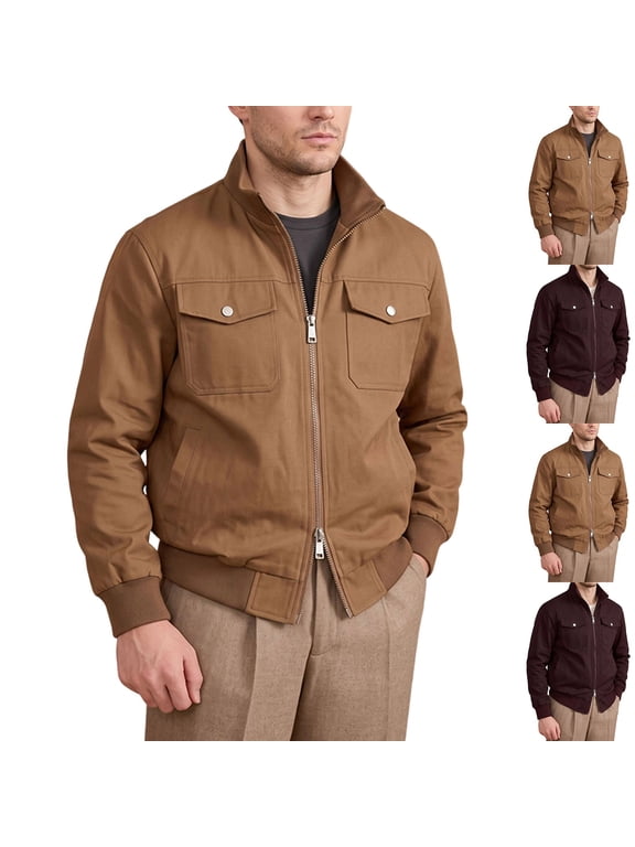 Men's Stand Collar Workwear Jacket, Long Sleeve Zip Up Snap Flap Pockets Ribbed Cuffs Loose Casual Coat for Fall Winter Daily Wear Khaki XS