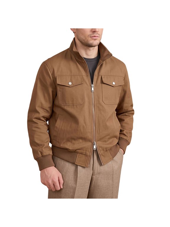 Men's Stand Collar Zip Up Canvas Bomber Jacket Snap Flap Pockets Ribbed Cuff Hem Casual Utility Outerwear for Spring Fall Brown XXL