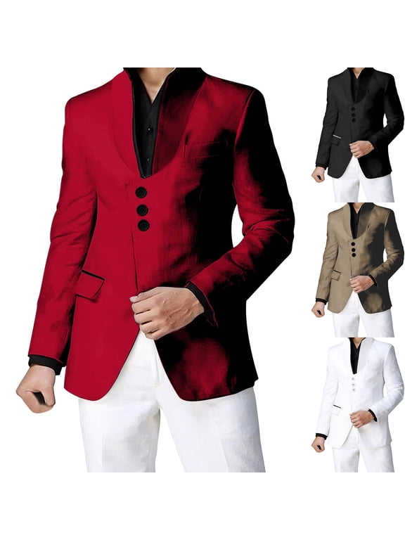 Men's Stand Mandarin Collar Blazer Jacket Asymmetric Button Front Sport Coat Textured Dress Jacket with Flap Pockets for Prom Wedding Banquet, Red, XL
