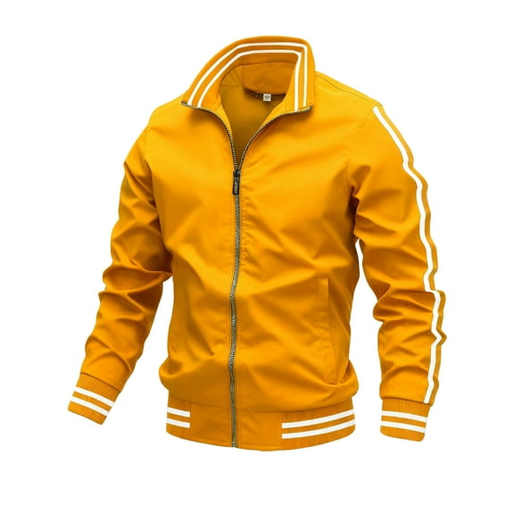 Men's Stand Up Collar Sports Jacket with Contrasting Stripes and Zippered Jacket, Modern Design for Active Lifestyles and Casual Outings,Yellow,3XL