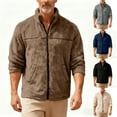 thumbnail image 1 of Men's Stand-up Collar Fleece Jacket with Solid Color Design, Loose Zipper Long-sleeve Style for Casual Outings, Winter Layering, and Holiday Events,Brown,L, 1 of 7