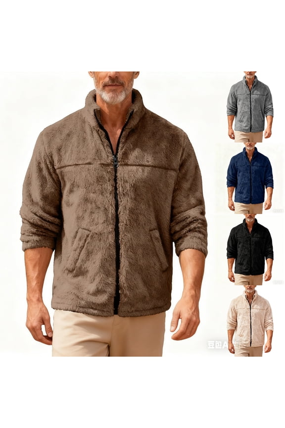 Men's Stand-up Collar Fleece Jacket with Solid Color Design, Loose Zipper Long-sleeve Style for Casual Outings, Winter Layering, and Holiday Events,Khaki,2XL