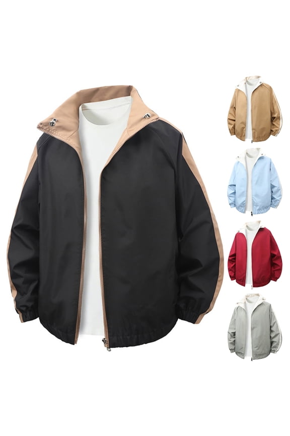 Men's Stand-up Collar Reversible Windbreaker Jacket with Waterproof and Windproof Design, Splicing Color Style for Outdoor Sports, Hiking, and Winter Holiday Activities,Black,XL
