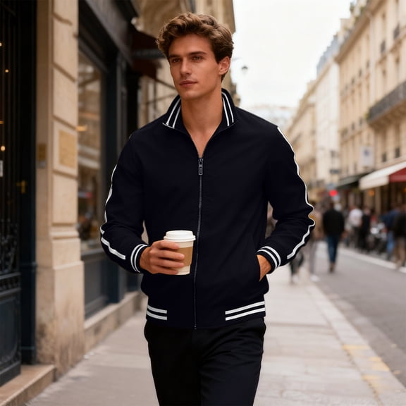 Men's Stand-up Collar Sporty Jacket, Color-blocked Striped Zip-up Coat Black L