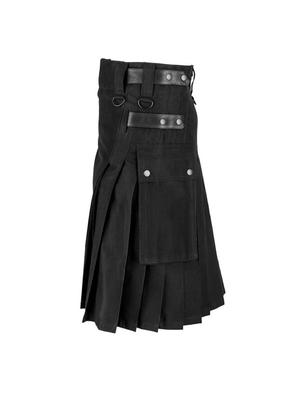 Men's Standard Tartan Utility Kilt, Vintage Kilt Scotland Gothic Modern Scottish Kilt for Everyday Wear, Work Kilts Adjustable Hip Straps with Pocket Size 5XL Black