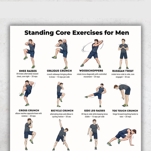 Men's Standing Core Exercise Poster, Standing Abdominal Muscle Exercise Without Equipment Poster, Exercise Poster, Home Gym Core Exercise Poster