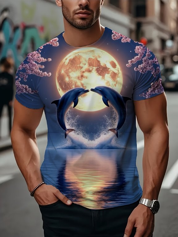Men's Star Grid Street T-Shirt - Purple Big Dolphin Moon Case Short Sleeve Top - Washable Summer Break Top, Pack, Pack, Transparent Fabric, Large Size