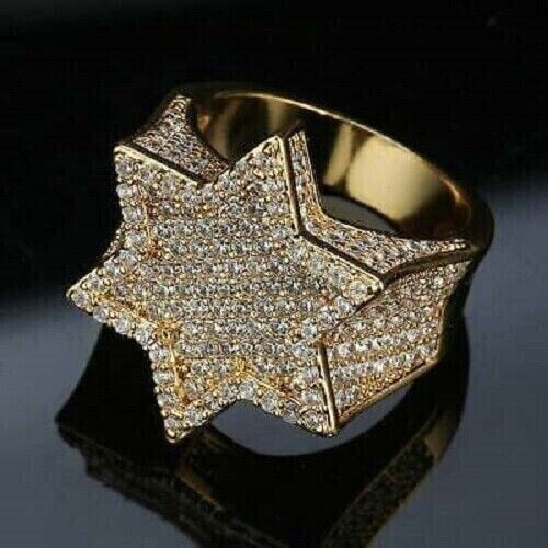 Men's Star Pinky Ring For Him 14K Yellow Gold Plated Silver