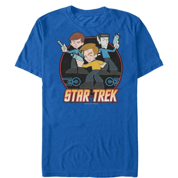 Men's Star Trek Cartoon Kirk, Spock, & Bones With Phasers  Graphic Tee Royal Blue Medium
