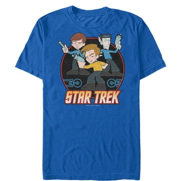 Men's Star Trek Cartoon Kirk, Spock, & Bones With Phasers  Graphic Tee Royal Blue Small