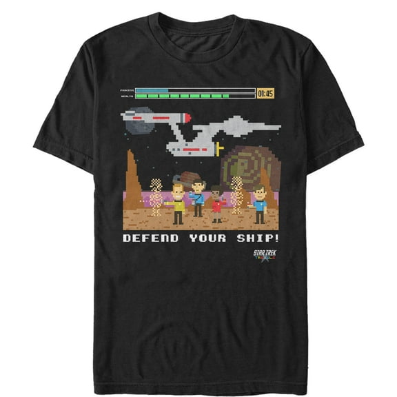 Men's Star Trek Defend Your Ship Pixel Video Game  Graphic Tee Black 2X Large