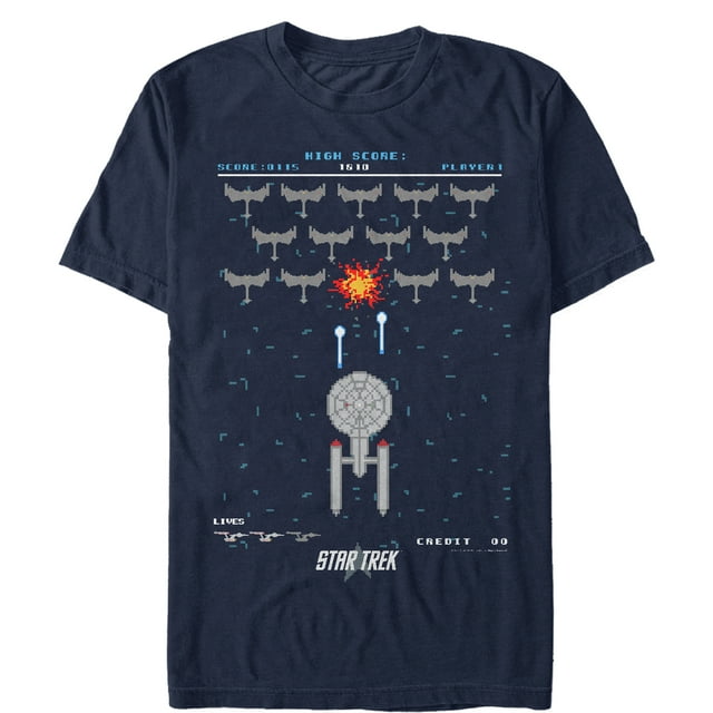 Men's Star Trek Enterprise Pixel Video Game Battle  Graphic Tee Navy Blue Medium