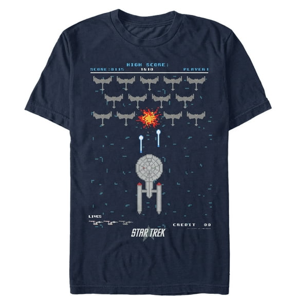 Men's Star Trek Enterprise Pixel Video Game Battle  Graphic Tee Navy Blue Small