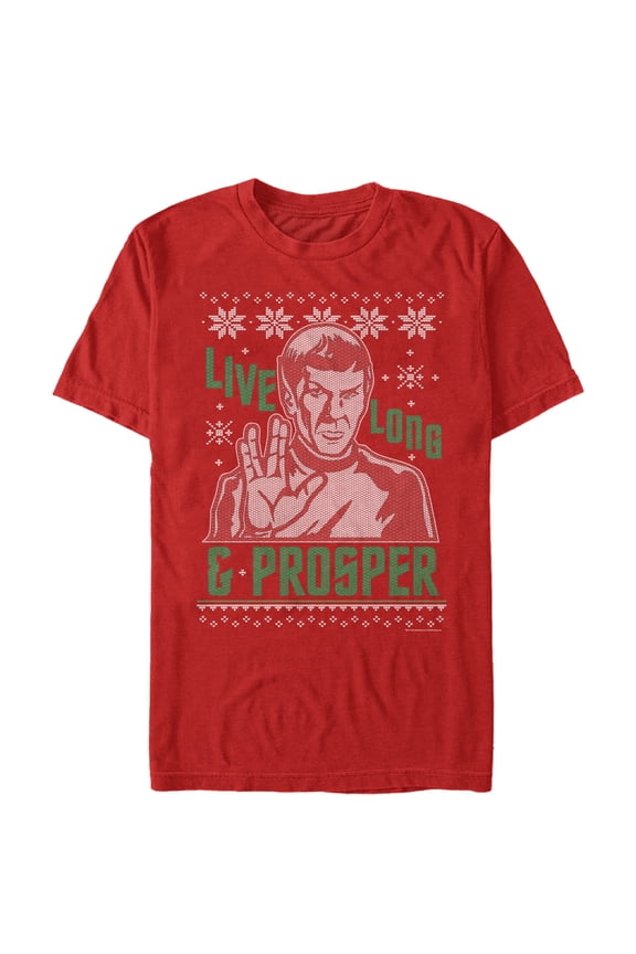 Men's Star Trek Spock Live Long and Prosper Ugly Christmas Graphic Tee Red 2X Large