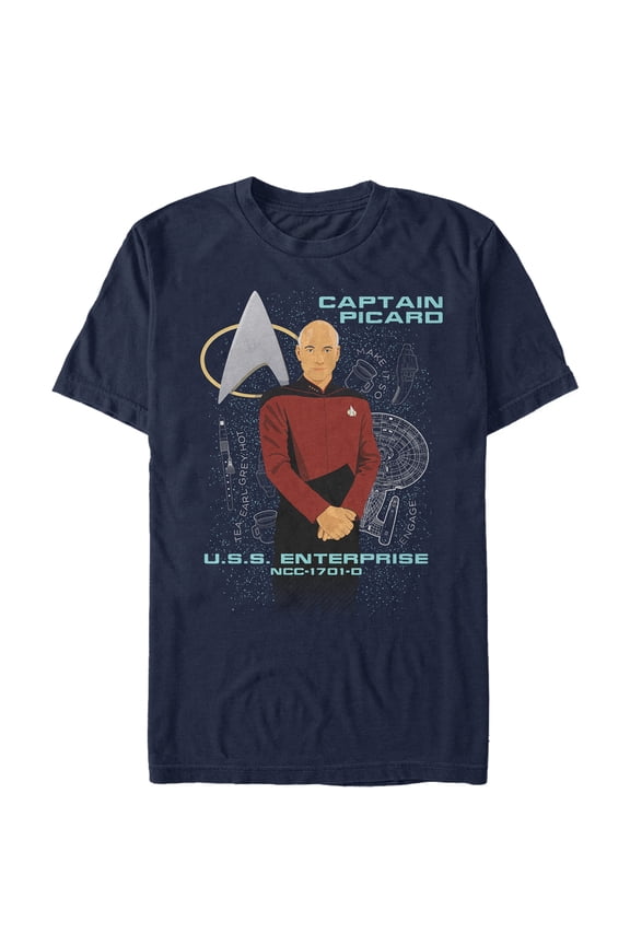 Men's Star Trek: The Next Generation Captain Picard Cartoon & USS Enterprise Graphic Tee Navy Blue Medium