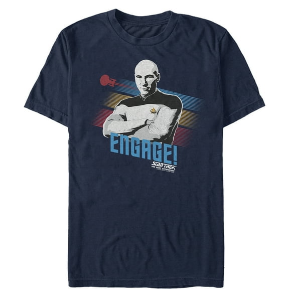 Men's Star Trek: The Next Generation Captain Picard Color Streak Engage  Graphic Tee Navy Blue Medium