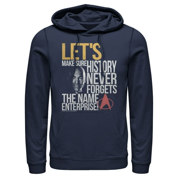 Men's Star Trek: The Next Generation Captain Picard History Never Forgets The Name Enterprise  Pull Over Hoodie Navy Blue Large