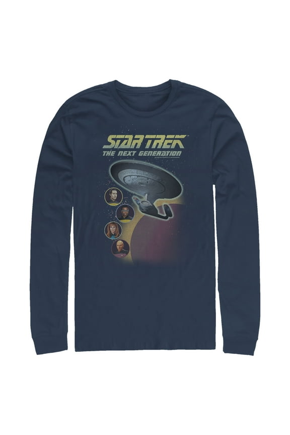 Men's Star Trek: The Next Generation Enterprise with Captain and Crew Portraits Long Sleeve Shirt Navy Blue Medium
