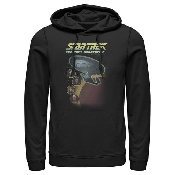 Men's Star Trek: The Next Generation Enterprise with Captain and Crew Portraits Pull Over Hoodie Black X Large