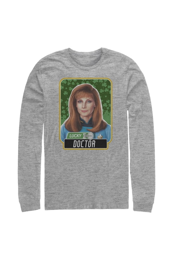 Men's Star Trek: The Next Generation St. Patrick's Day Lucky Doctor Beverly Crusher Long Sleeve Shirt Athletic Heather Medium