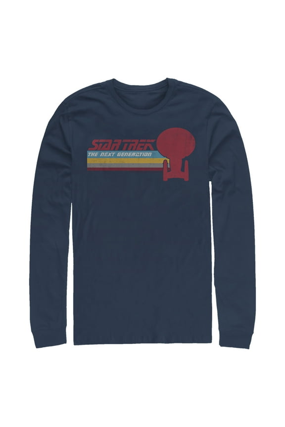 Men's Star Trek: The Next Generation USS Enterprise Vertical Retro Rainbow Logo Long Sleeve Shirt Navy Blue Medium